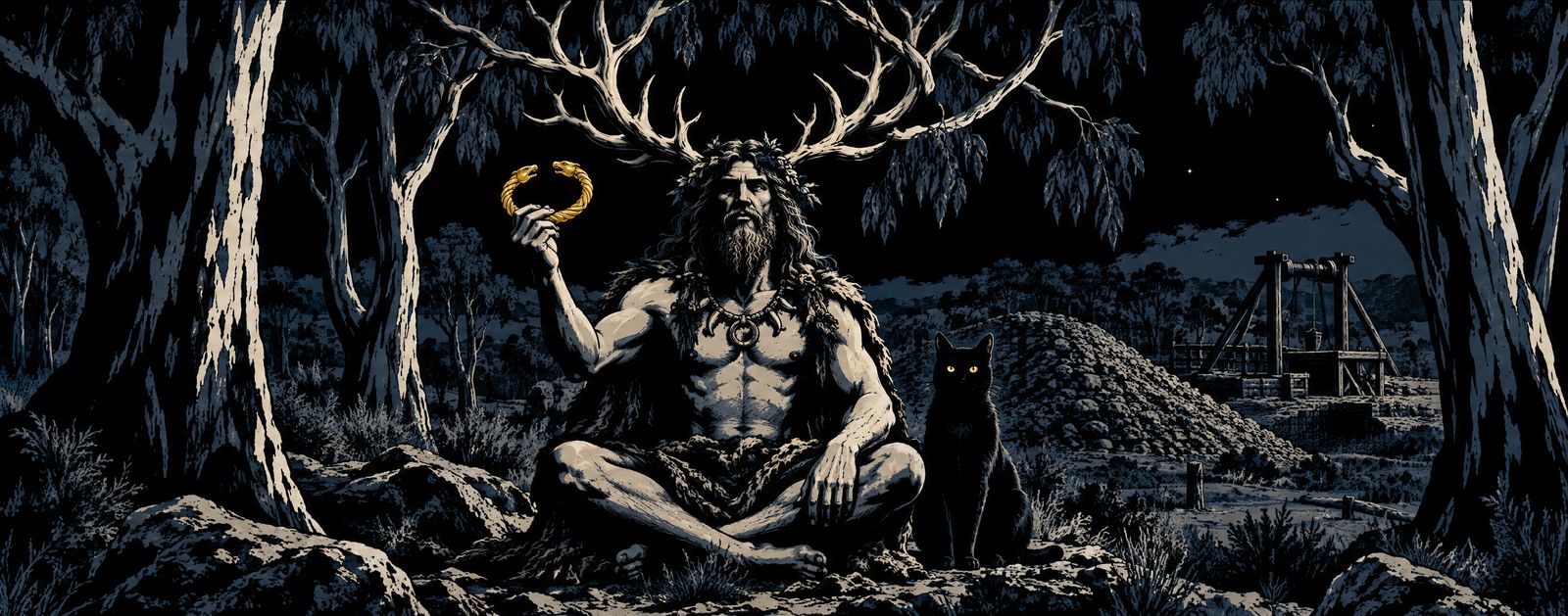 Night on the goldfields: Cernunnos, antlered, sits cross-legged under the gum trees holding up a gold torc, a black cat beside him, a mullock heap and a windlass behind.